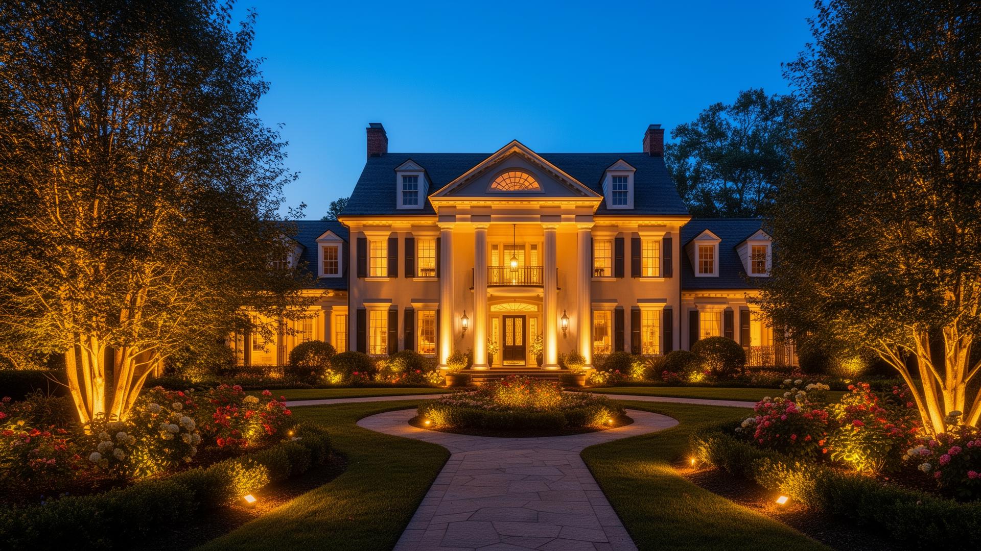 Central Virginia colonial home outlined in warm-white holiday roofline lighting