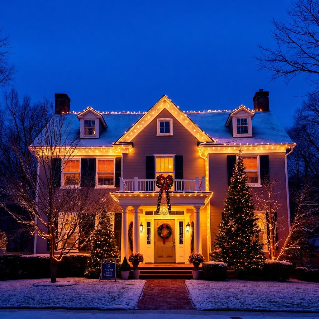Holiday roofline lighting and lit wreaths on a Virginia brick colonial at twilight