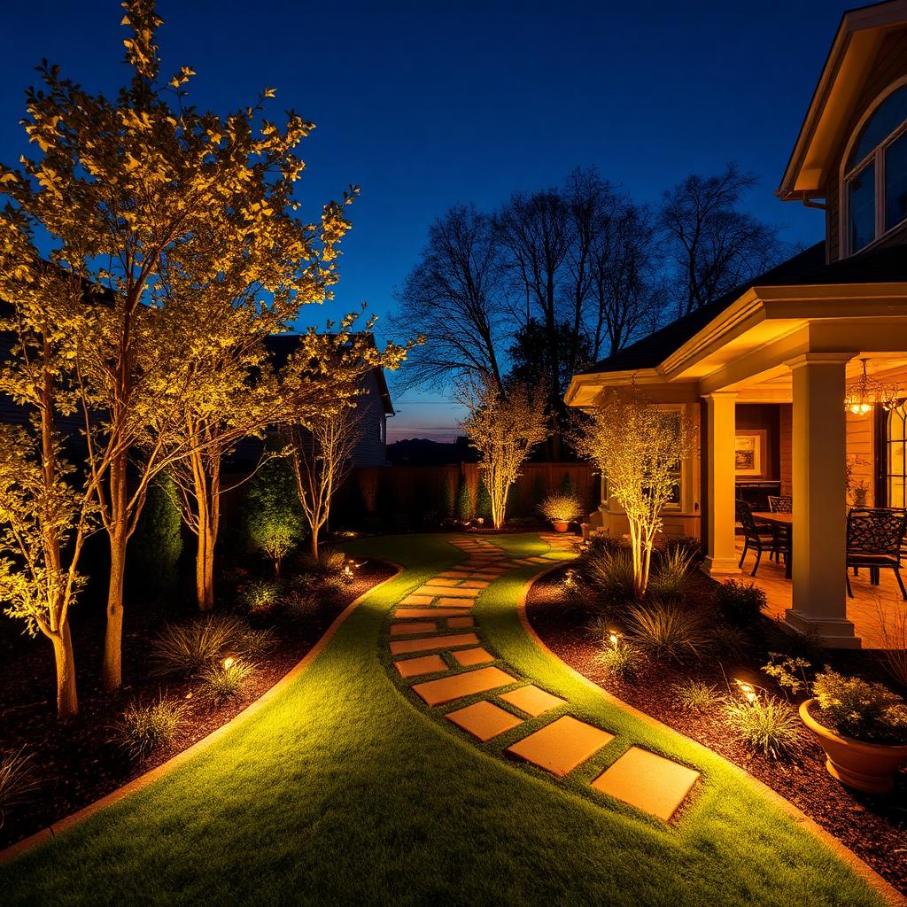 Landscape uplighting on mature hardwoods and a stone walkway at a Virginia home
