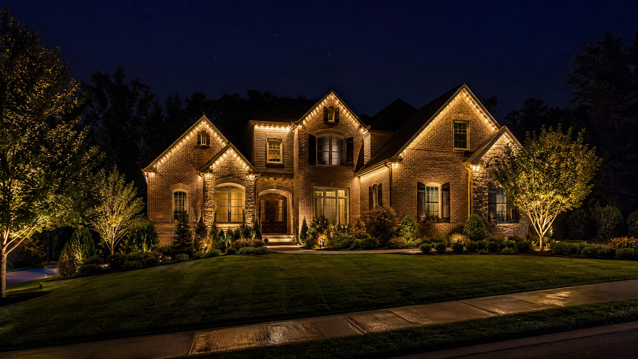 Holiday and permanent LED lighting on a hillside home in Roanoke, VA