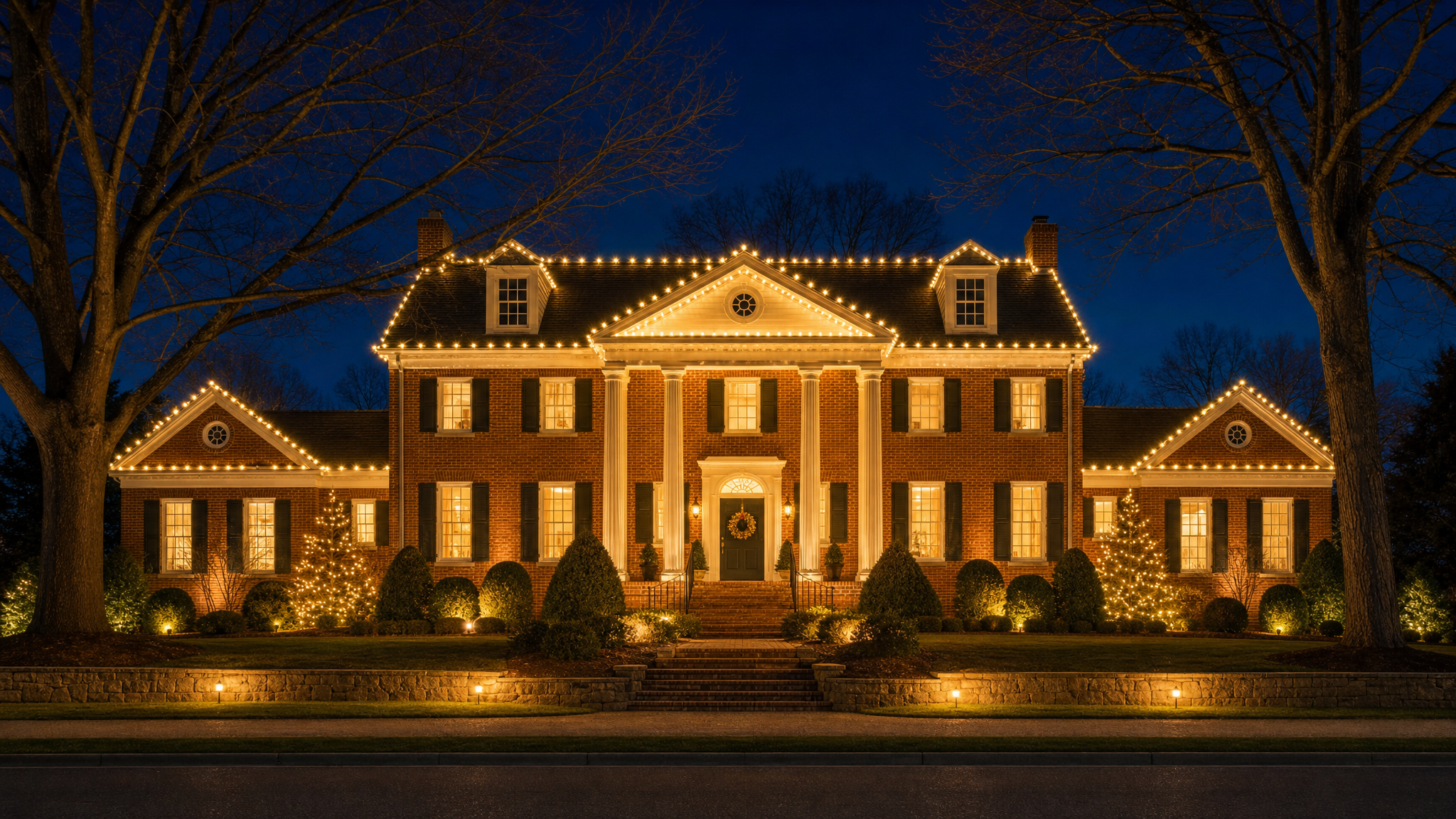 Virginia Lighting Partners crew installing professional holiday lighting on a Central Virginia colonial estate