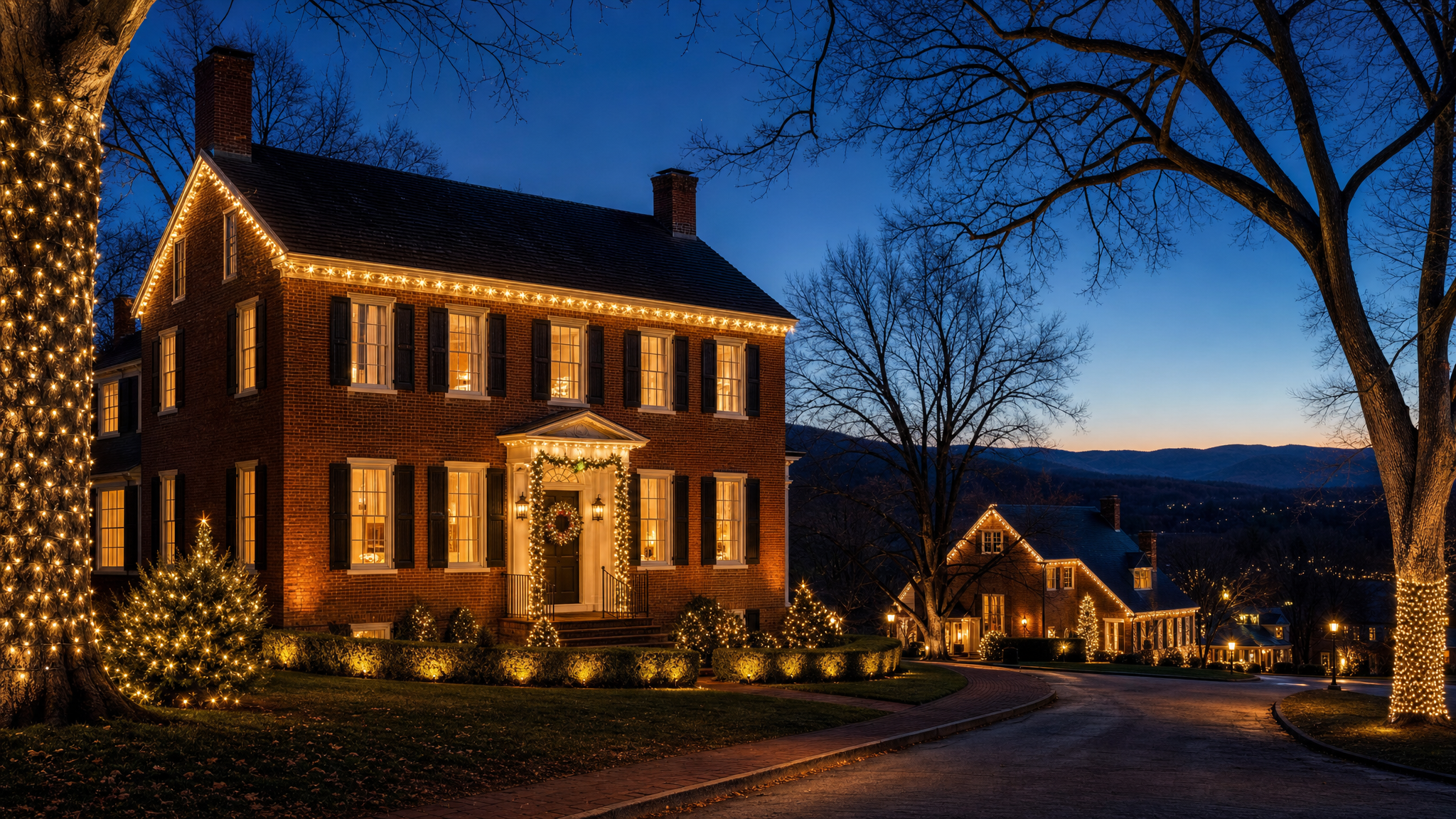 Virginia property with professionally installed warm holiday lighting at dusk
