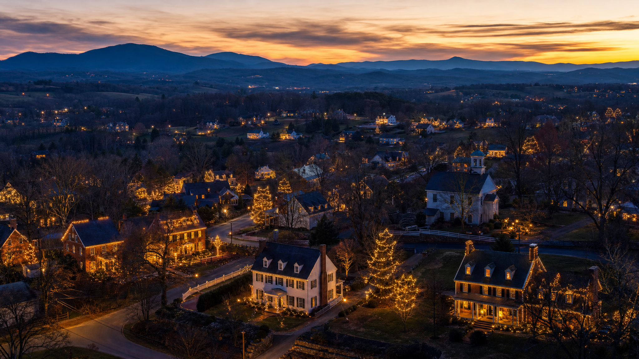 Central Virginia and Blue Ridge foothills aerial twilight view with holiday lighting on historic homes